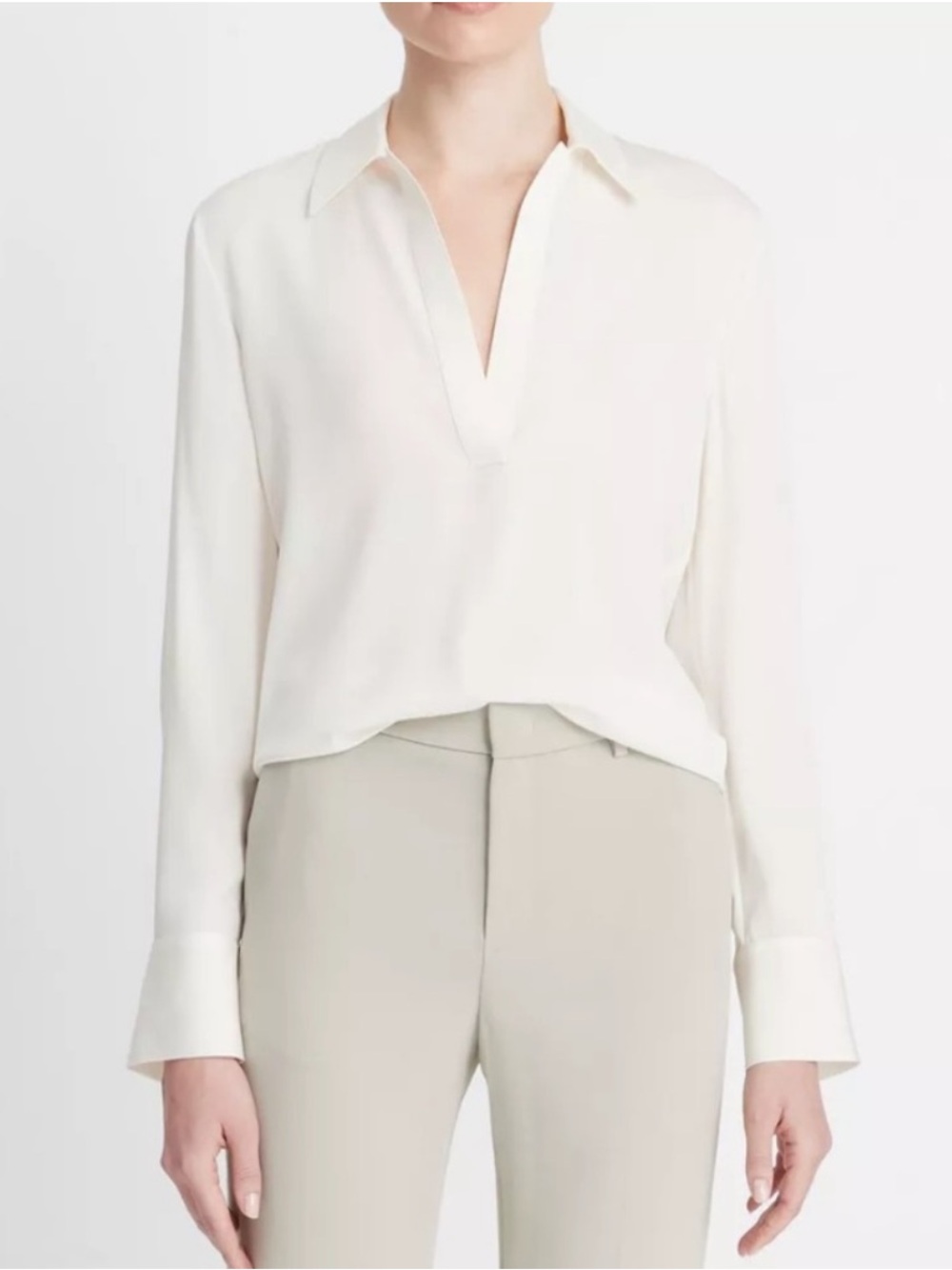 NWT Vince 100% Silk Ivory Split-Neck Long-Sleeve Blouse 00 (Originally $395)